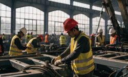 Workers assembling construction machinery in a local manufacturing facility.