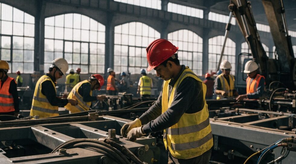 Workers assembling construction machinery in a local manufacturing facility.