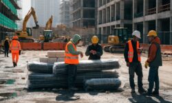 Construction workers waiting near delayed materials on a busy site.