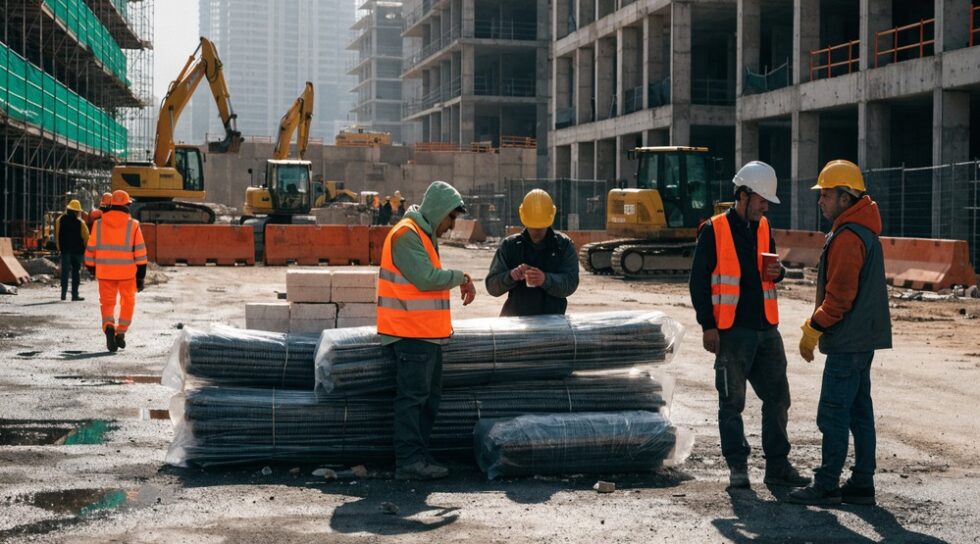 Construction workers waiting near delayed materials on a busy site.