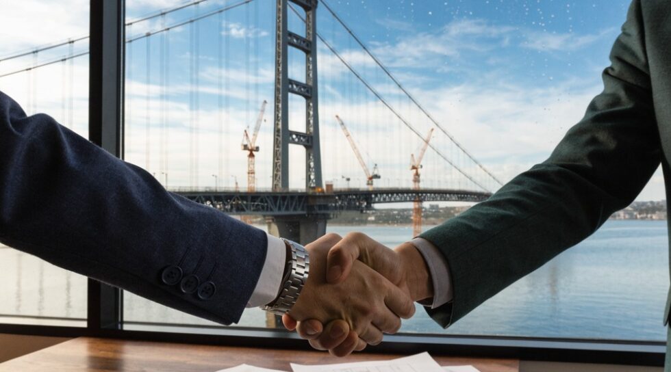 Close-up of a handshake between professionals with a construction view.