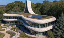 Aerial view of a modern building with green roof and solar panels in a lush urban landscape.