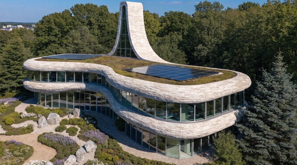 Aerial view of a modern building with green roof and solar panels in a lush urban landscape.