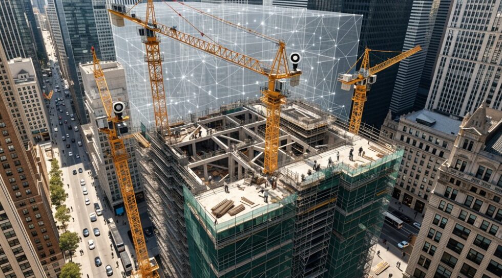 Aerial view of a high-rise construction site with digital twin overlay and real-time sensors.