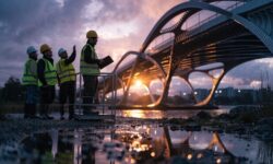 Construction supervisor inspecting an AI-designed bridge at dusk.