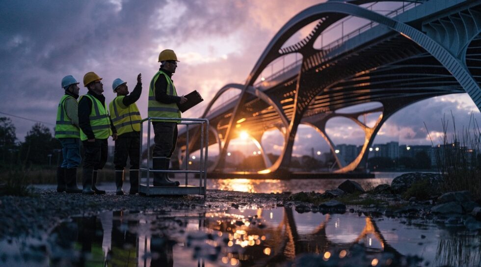Construction supervisor inspecting an AI-designed bridge at dusk.