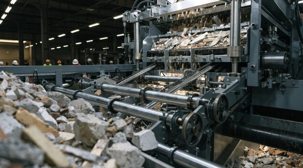Close-up of a sorting machine separating construction materials.