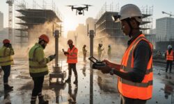 Construction workers using drones and technology on-site at dawn.