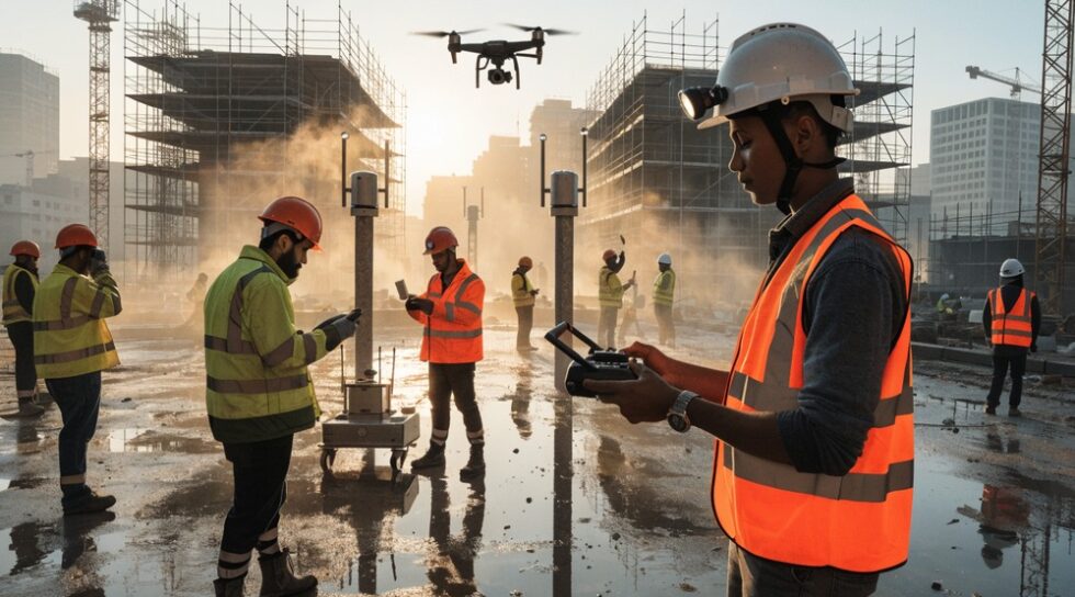 Construction workers using drones and technology on-site at dawn.