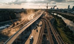Aerial view of a new transport network under construction.