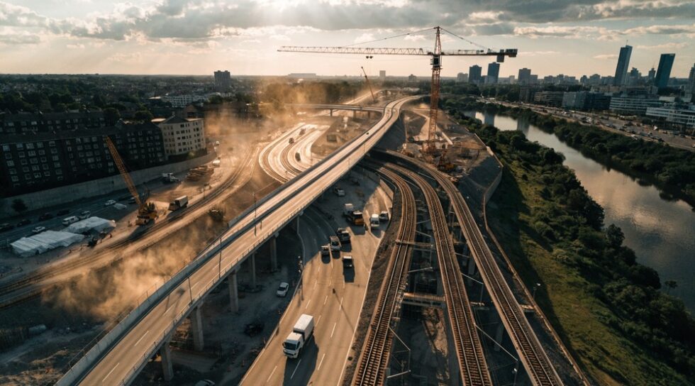 Aerial view of a new transport network under construction.