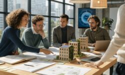 Architects discussing sustainable building designs in a modern office.