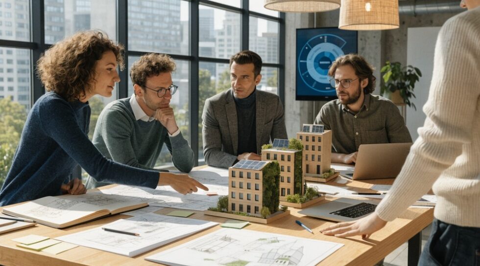 Architects discussing sustainable building designs in a modern office.