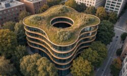 Aerial view of a sustainable building with a green roof and bamboo facade.