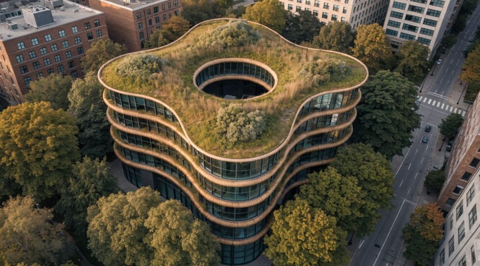 Aerial view of a sustainable building with a green roof and bamboo facade.