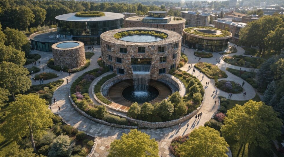 Aerial view of the Green Loop project with pathways and buildings showcasing sustainability.