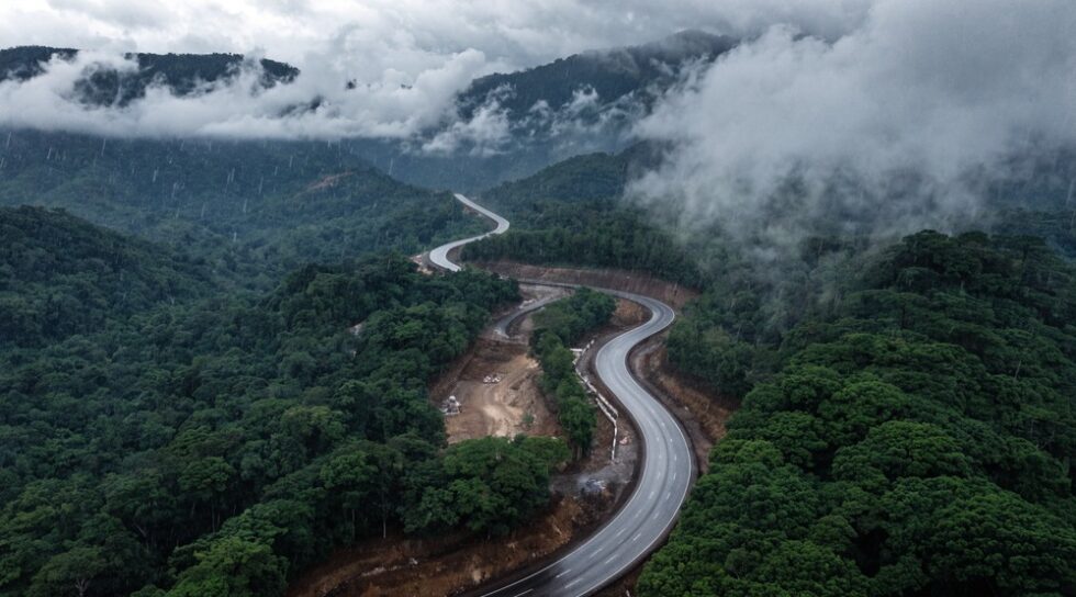 Aerial view of a highway through forest, highlighting environmental impact.