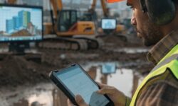 A close-up of a construction worker using a tablet with advanced machinery in the background.