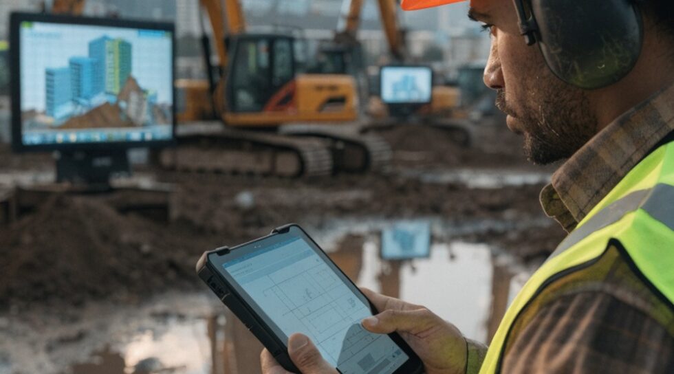 A close-up of a construction worker using a tablet with advanced machinery in the background.