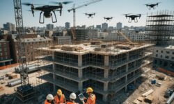 Aerial view of a construction site with drones and workers using tablets.