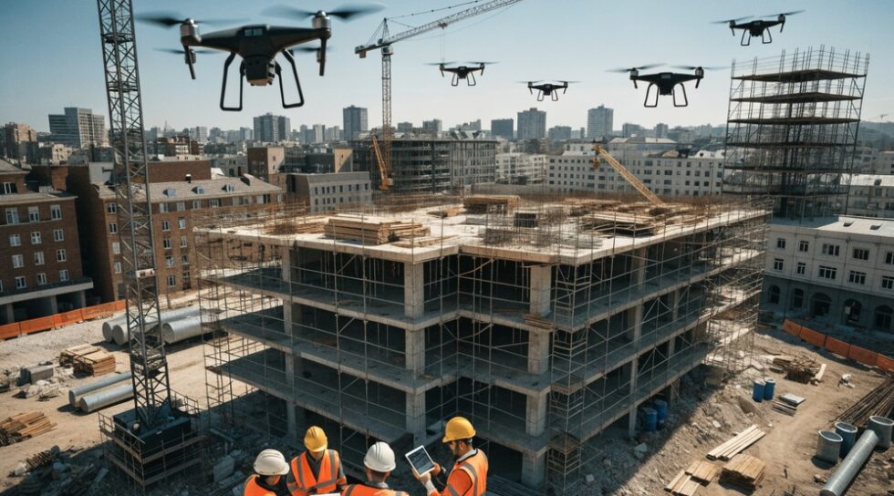 Aerial view of a construction site with drones and workers using tablets.