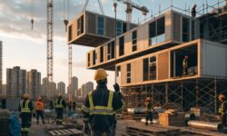 Construction site with modular building assembly and city skyline at sunset.