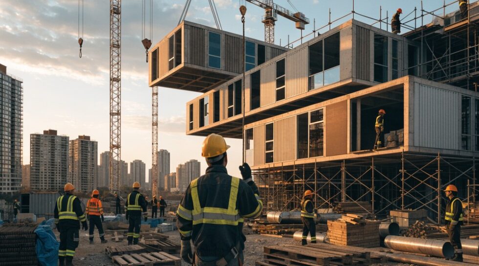 Construction site with modular building assembly and city skyline at sunset.