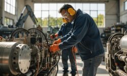 Technicians performing predictive maintenance on advanced construction equipment in a bright workshop.