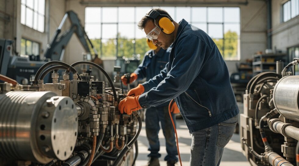 Technicians performing predictive maintenance on advanced construction equipment in a bright workshop.