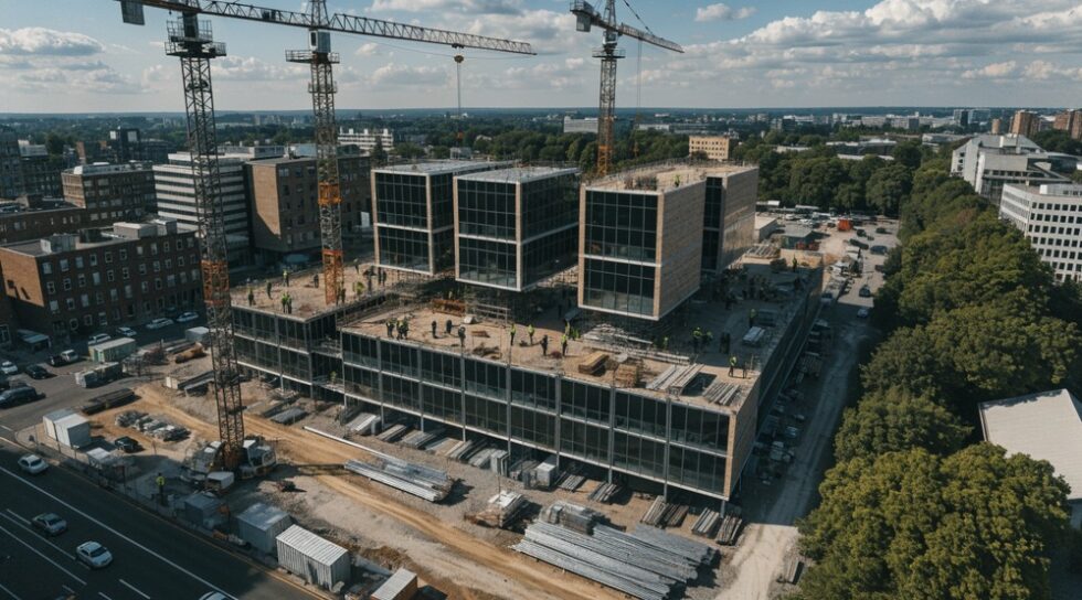 Aerial view of workers assembling prefabricated building components on a construction site.