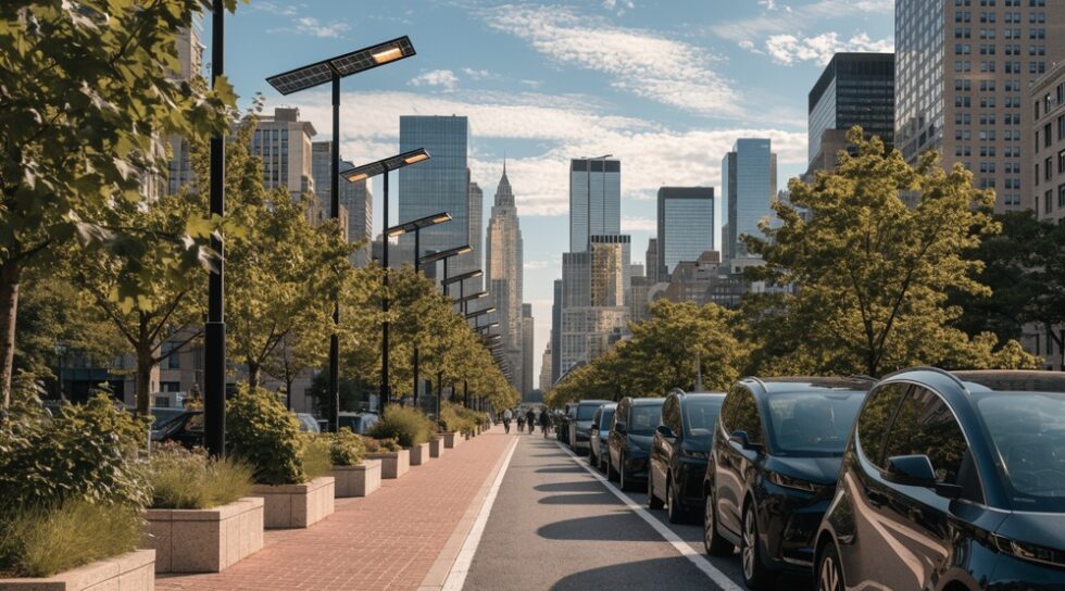 A green transportation corridor with a bike lane and pedestrian walkway, surrounded by trees and electric vehicles.