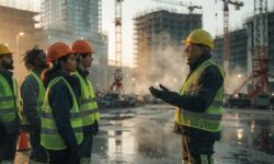 Workers engaged in safety training at a construction site during dawn.