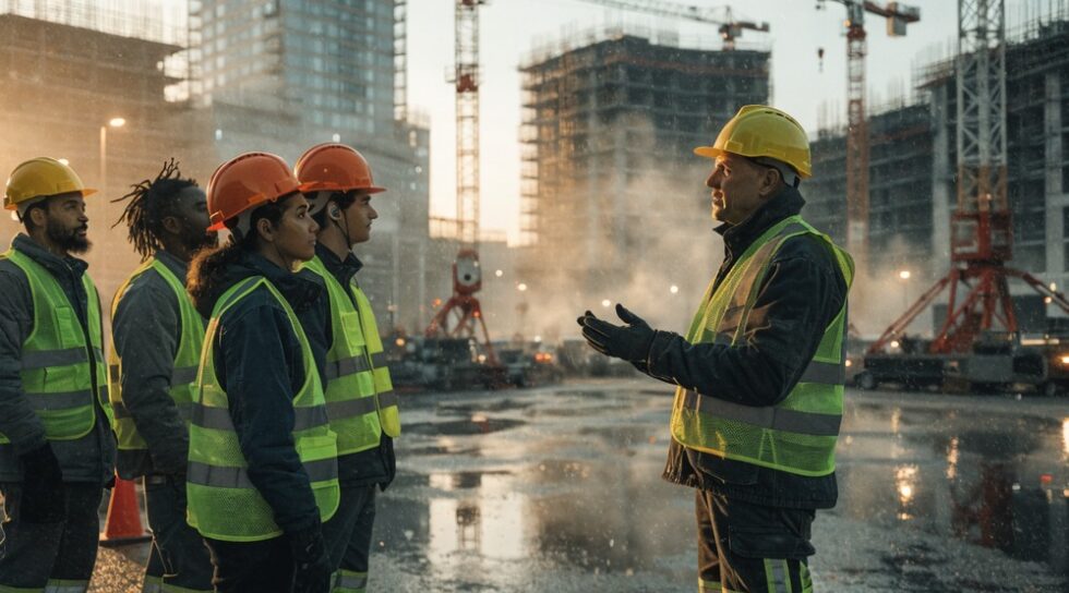 Workers engaged in safety training at a construction site during dawn.