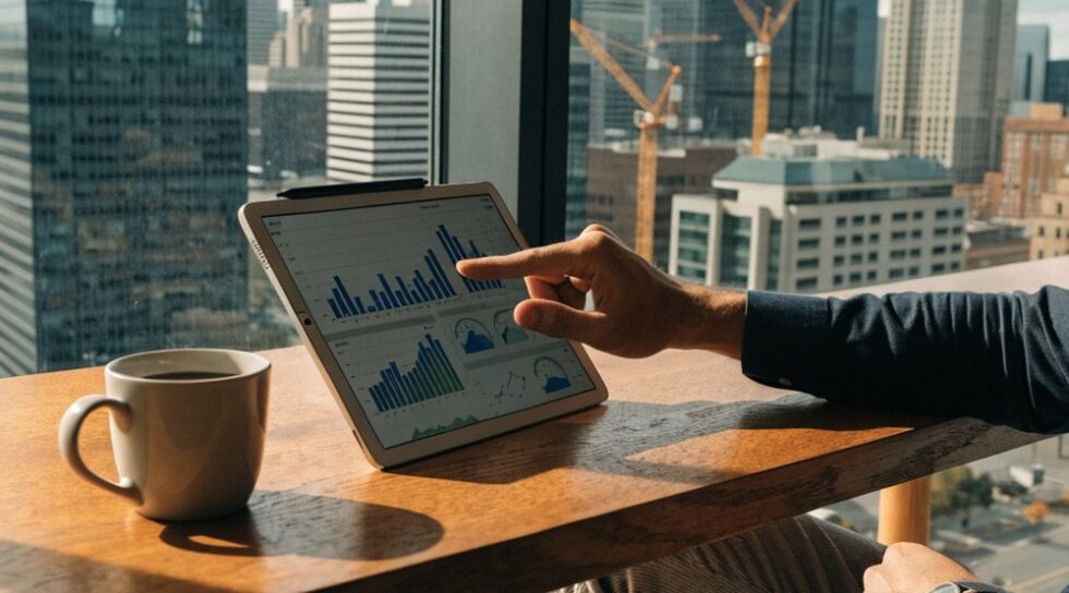 Construction manager reviewing data on a tablet in a modern office.