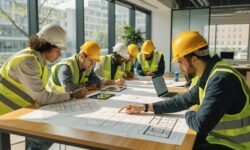 Engineers discussing large blueprints in a bright conference room.