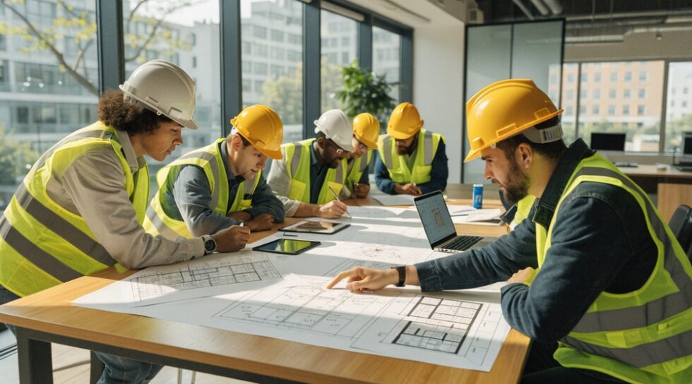 Engineers discussing large blueprints in a bright conference room.