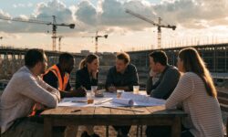 Diverse team discussing plans at a construction site during golden hour.