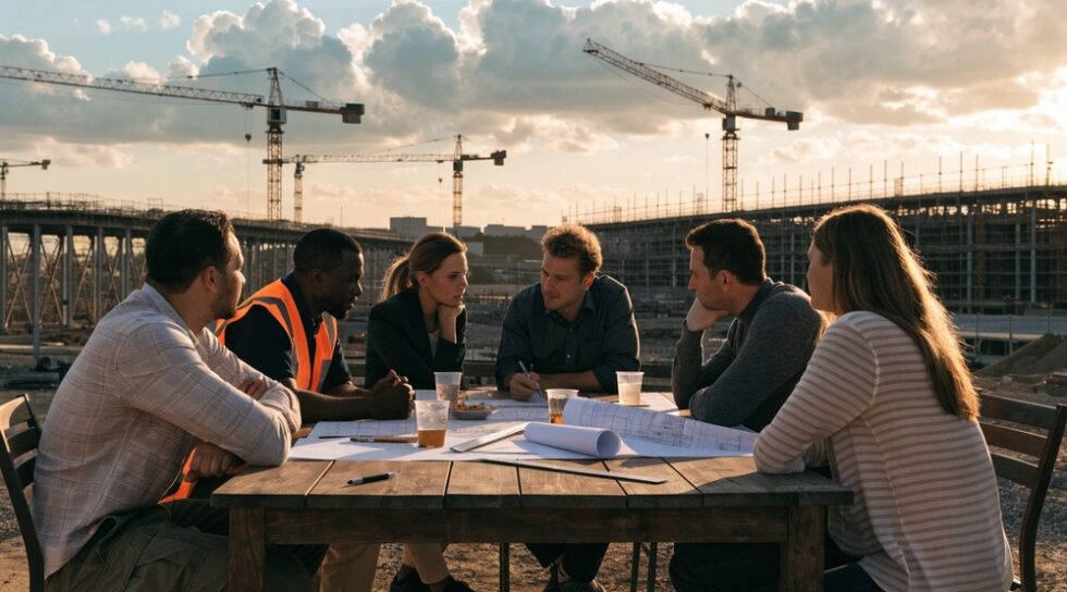 Diverse team discussing plans at a construction site during golden hour.