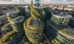 Aerial view of Green City project in Amsterdam with vertical gardens and solar panels.