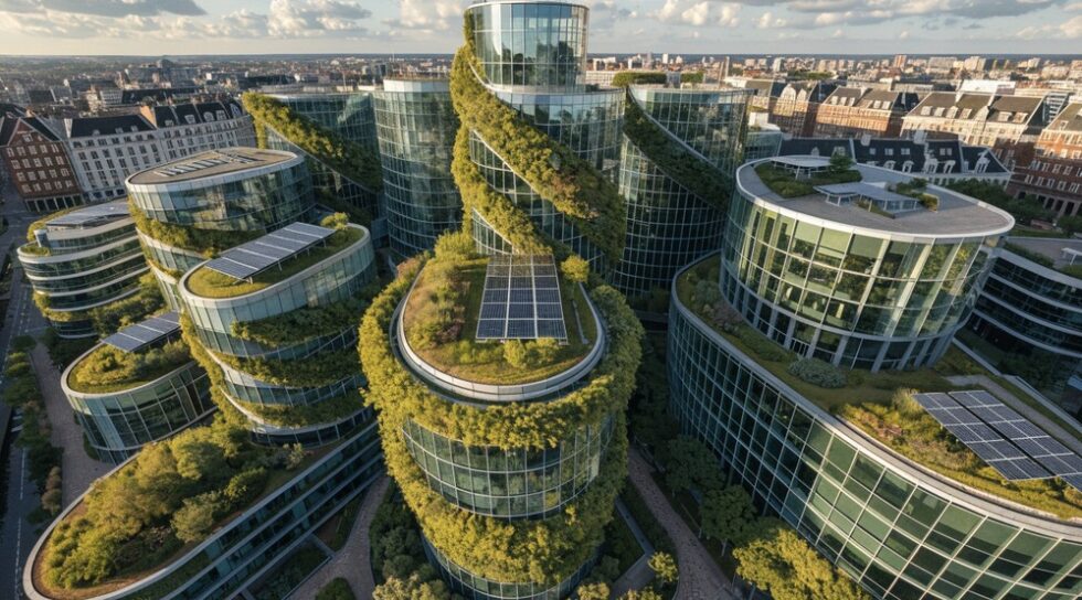 Aerial view of Green City project in Amsterdam with vertical gardens and solar panels.