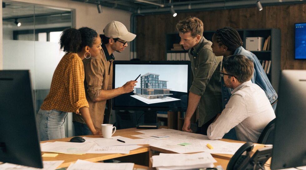 A team collaborates in a modern office over a digital 3D building model.