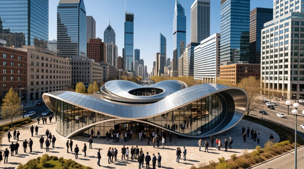 Aerial view of the Urban Digital Twin Summit with attendees around.